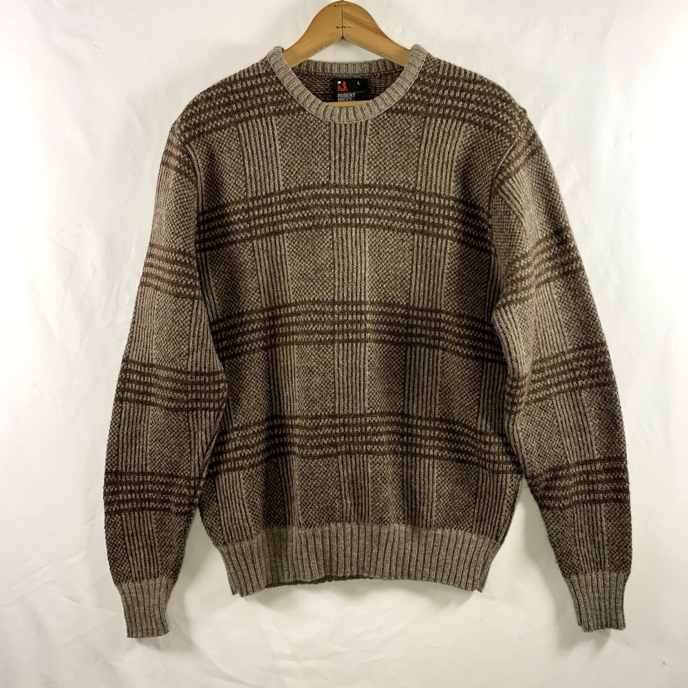 VTG 80s Mens Windowpane Plaid Wool Blend Sweater Size M/L Brown Preppy Heritage